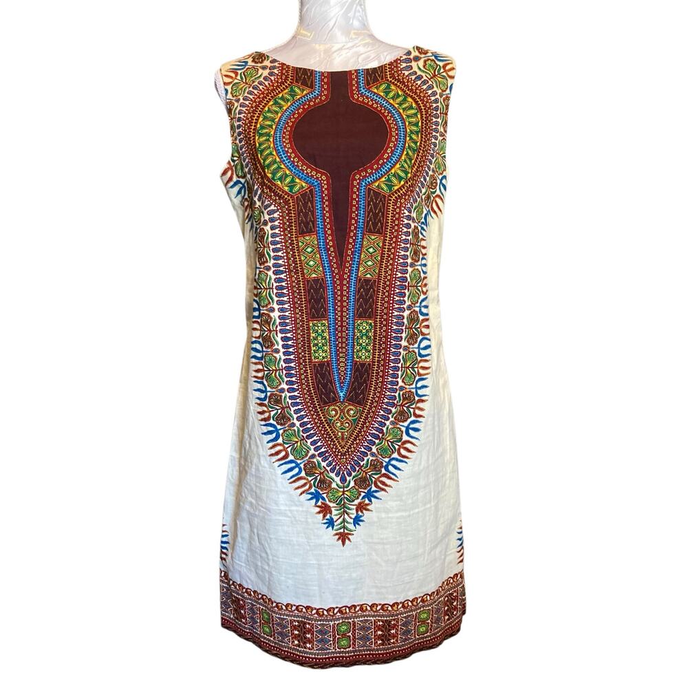 Vintage 80s Handmade Dashiki Shift Dress Womens Sz 6 Cream Red Cotton Colorful